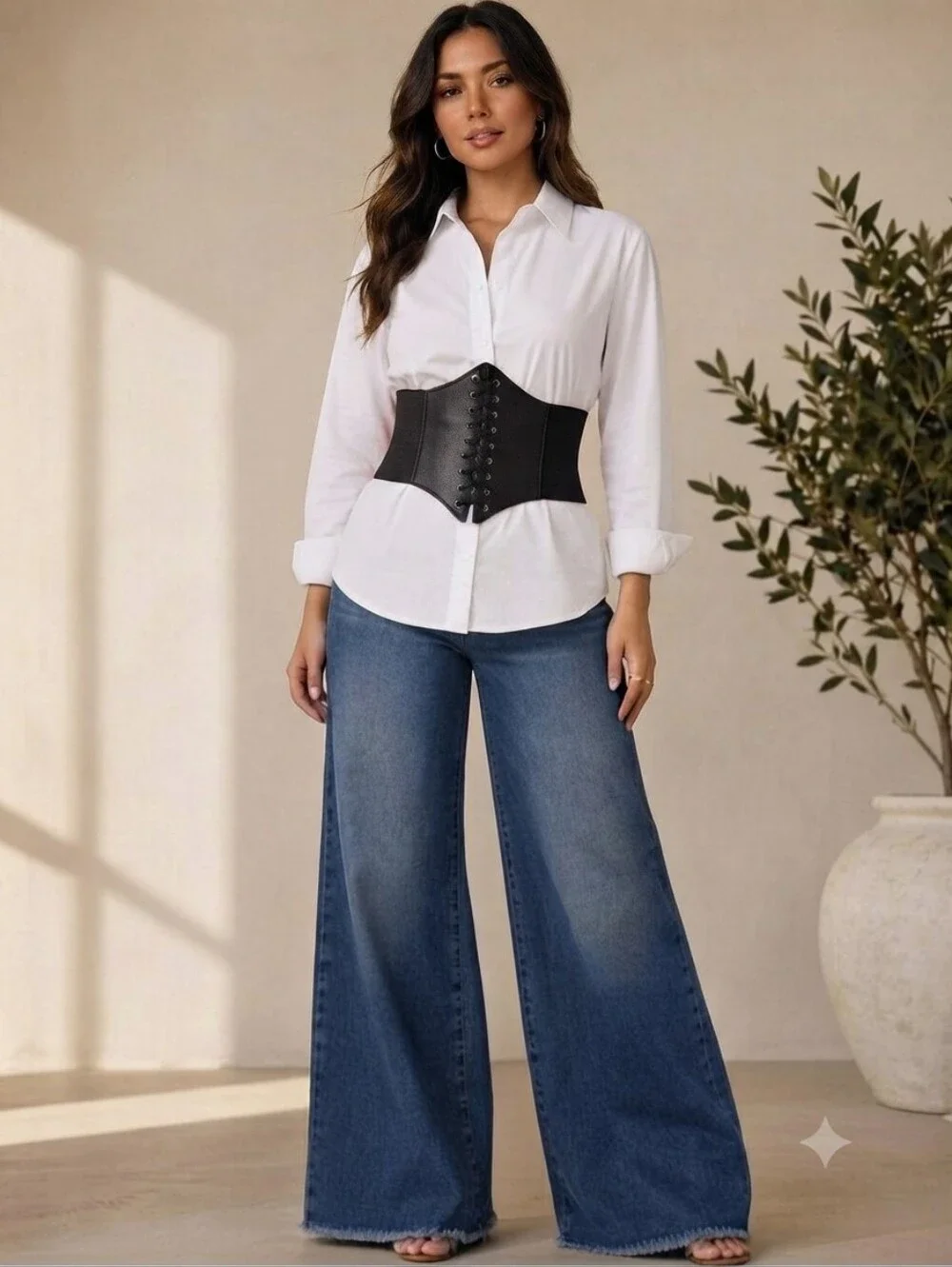 Vintage Style Lace Up Faux Leather Elastic Girdle Black Casual Wide‎ Waistband